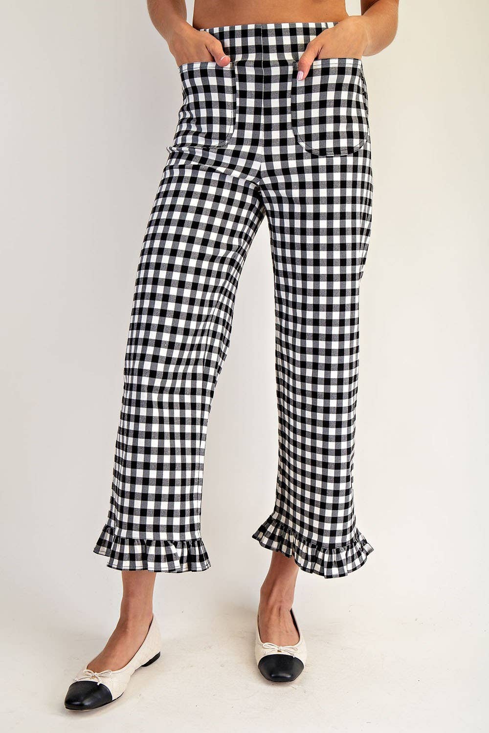 PL8880 - GINGHAM RUFFLE TRIM STRAIGHT LEG PANTS