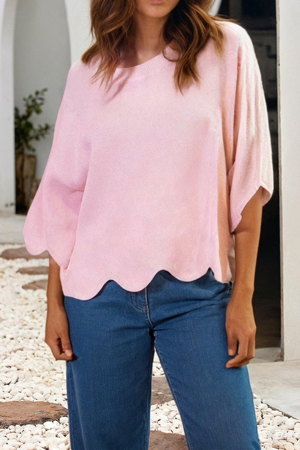 LDC Solid Daily Shift Half Sleeve Round Neck Hem Top