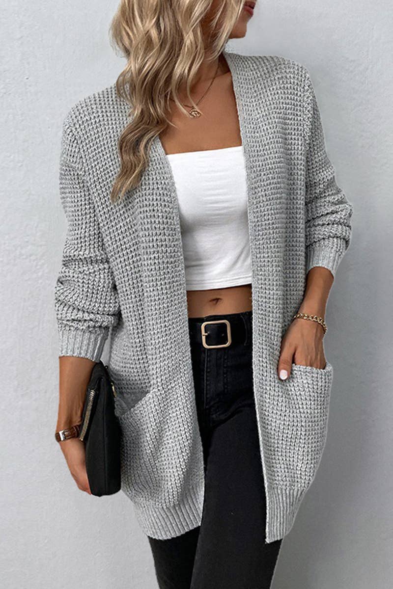 Casual Cable Open Front Cardigan Sweater: GREY