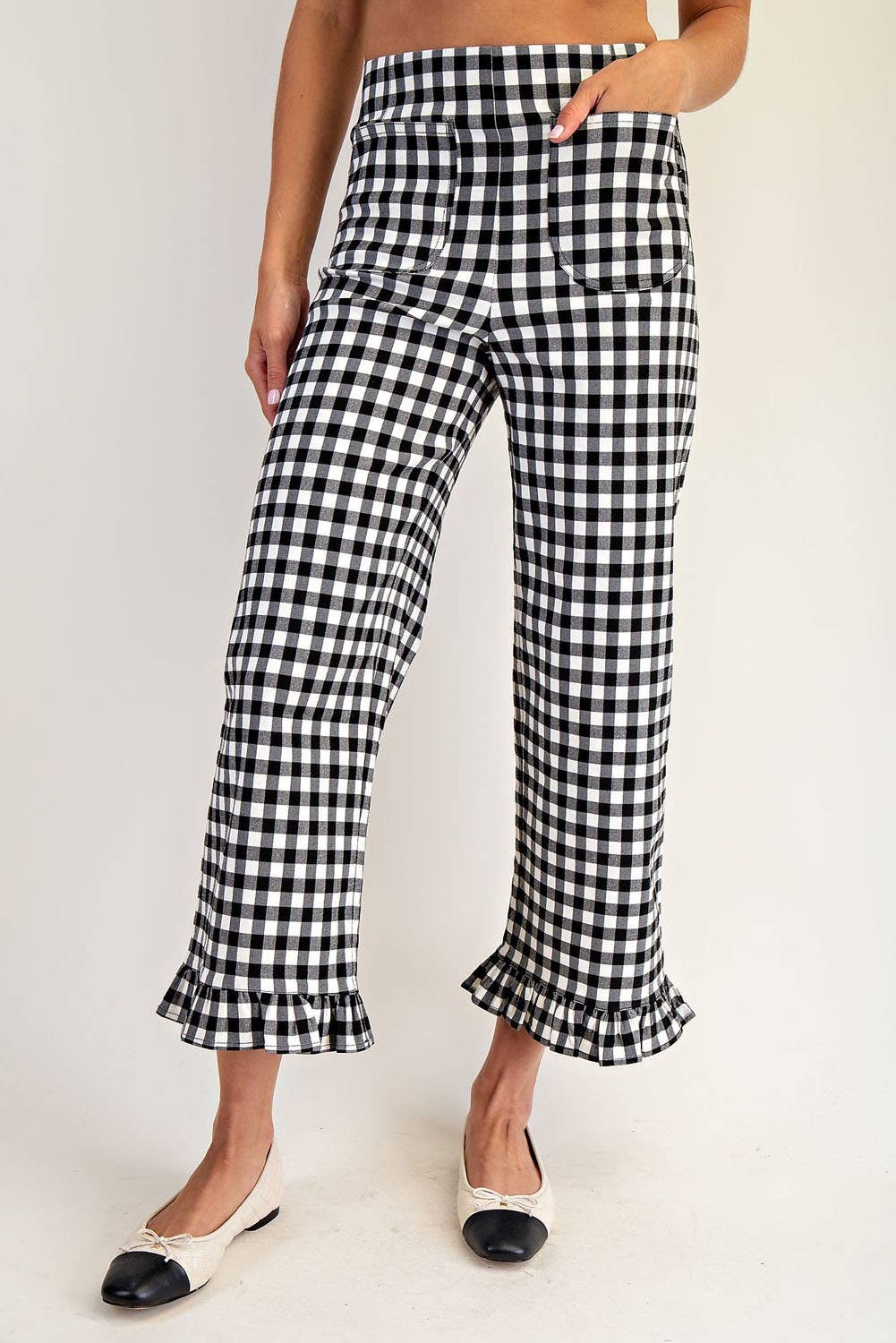 PL8880 - GINGHAM RUFFLE TRIM STRAIGHT LEG PANTS