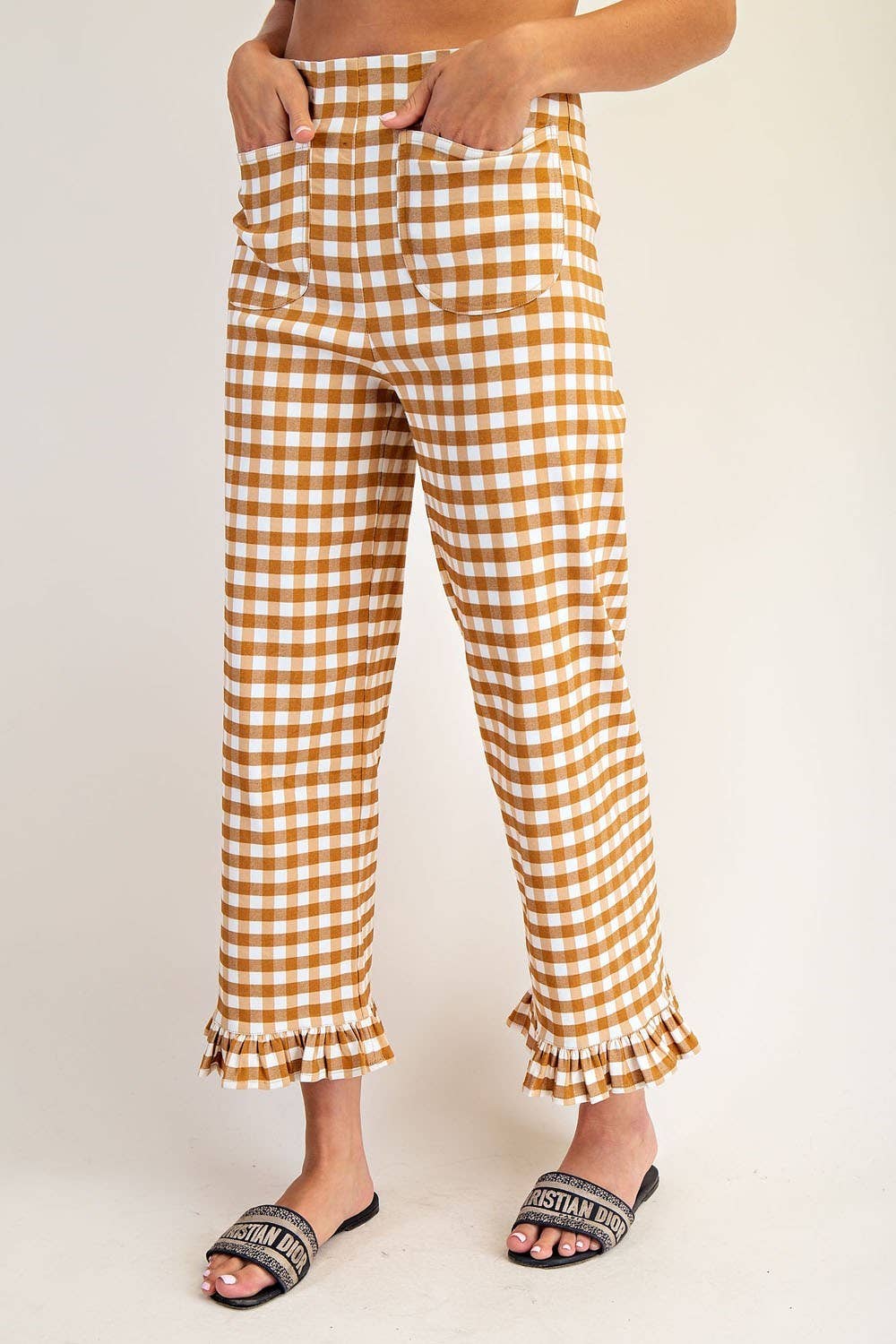 PL8880 - GINGHAM RUFFLE TRIM STRAIGHT LEG PANTS