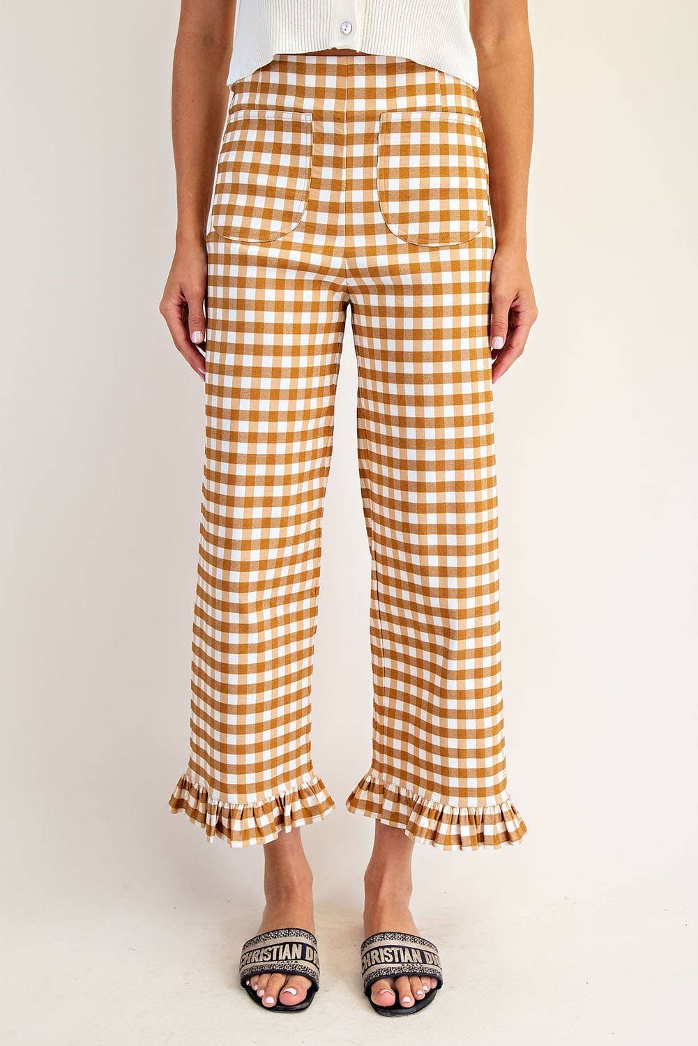 PL8880 - GINGHAM RUFFLE TRIM STRAIGHT LEG PANTS