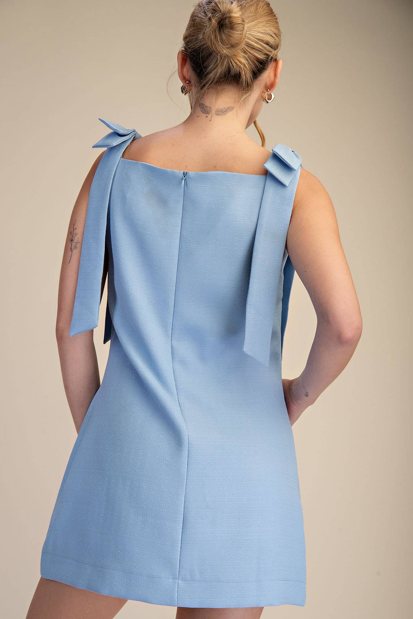 Straight Neckline Bow Mini Dress