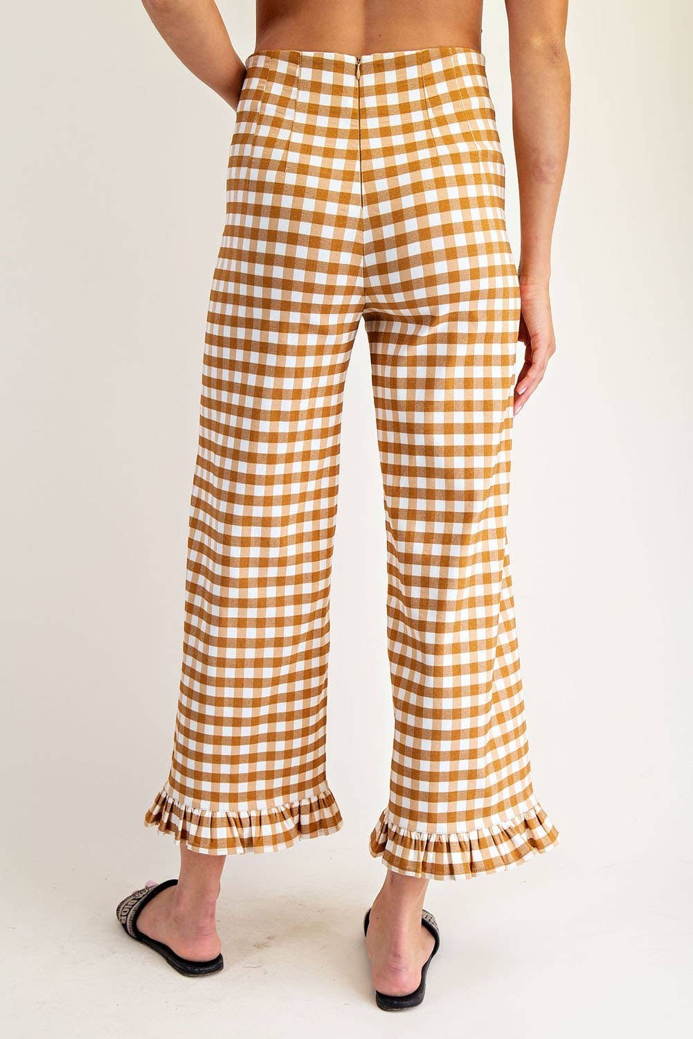 PL8880 - GINGHAM RUFFLE TRIM STRAIGHT LEG PANTS