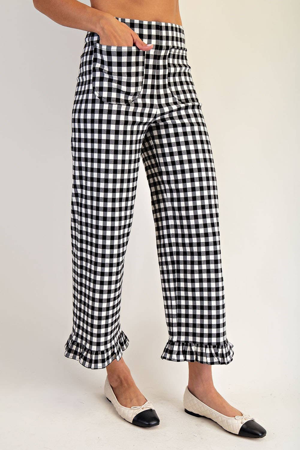 PL8880 - GINGHAM RUFFLE TRIM STRAIGHT LEG PANTS