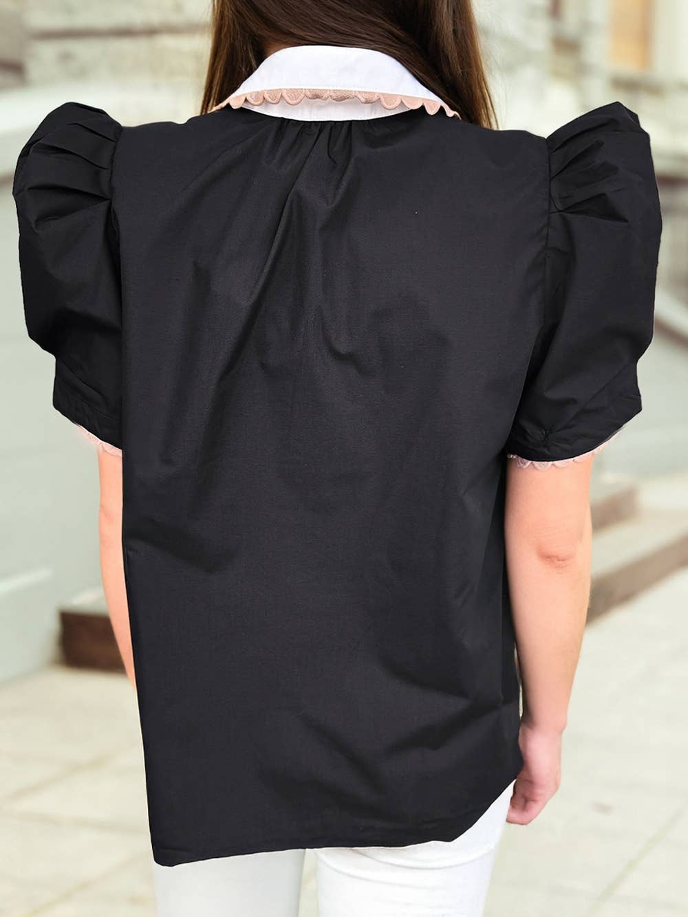 Ricrac Trim Patchwork Shirt Collar Short Sleeve Blouse |S-4X