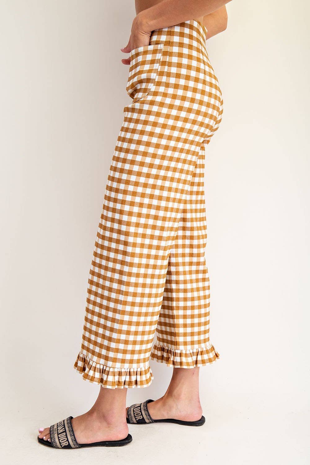 PL8880 - GINGHAM RUFFLE TRIM STRAIGHT LEG PANTS