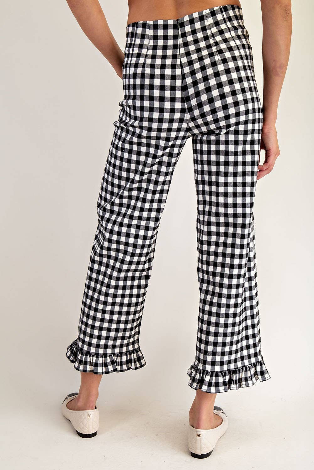 PL8880 - GINGHAM RUFFLE TRIM STRAIGHT LEG PANTS