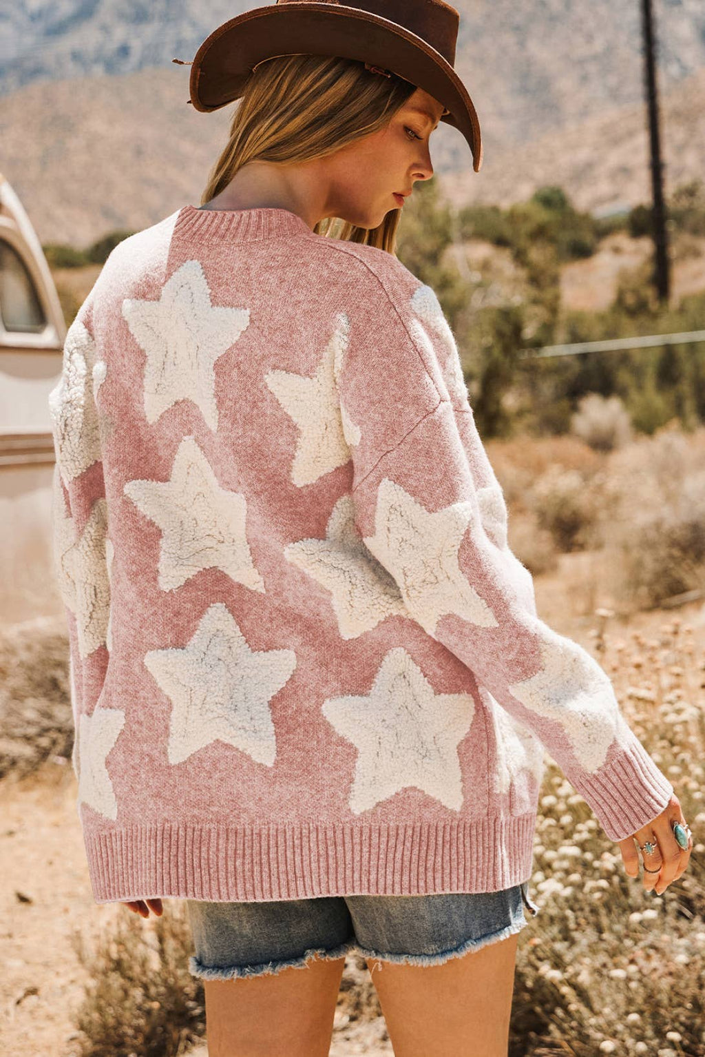 Sherpa Star Textured Sweater Cardigan with Pockets: Pink