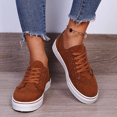 Lace-Up Suedette Flat Sneakers: Brown