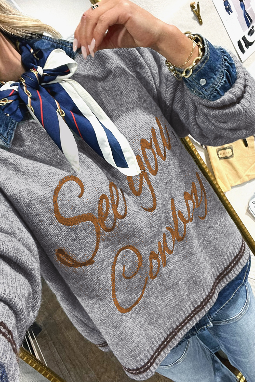 Fashion See You Cowboy Embroidered Western Graphic Sweater