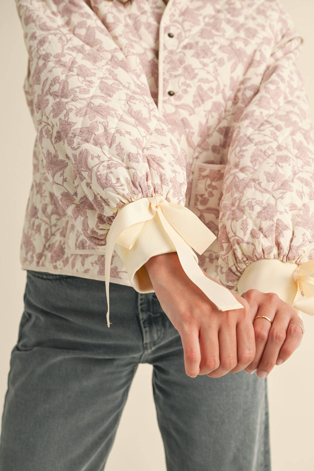 FLORAL QUILTED JACKET WITH RIBBON DETAIL Ivory Pink Floral
