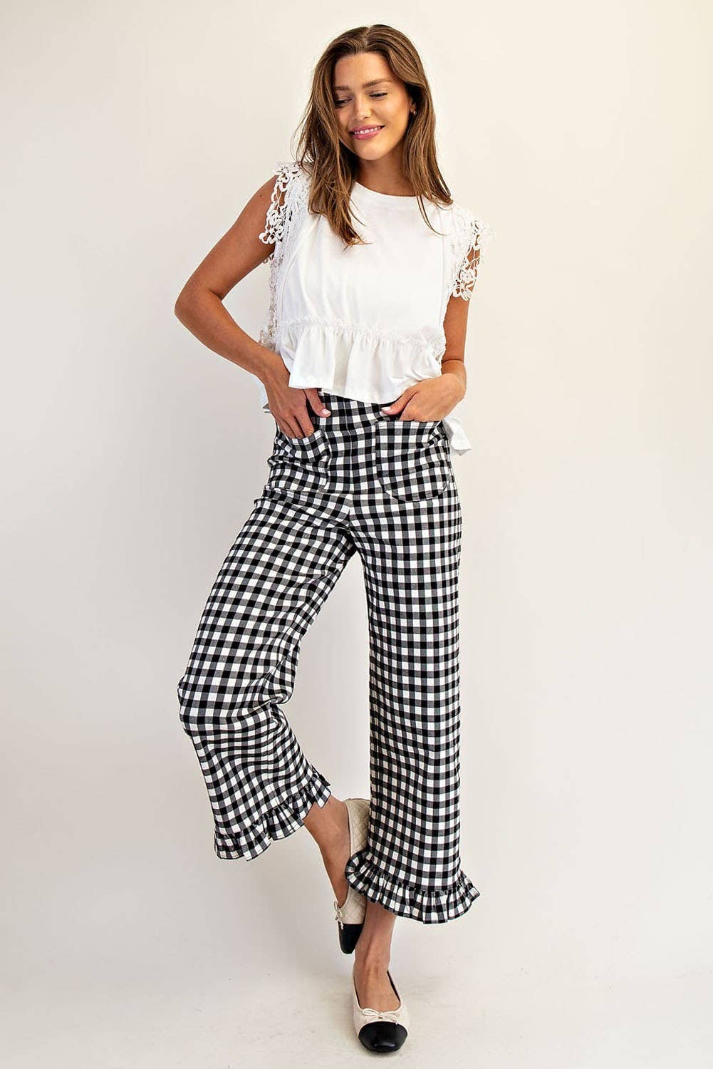 PL8880 - GINGHAM RUFFLE TRIM STRAIGHT LEG PANTS