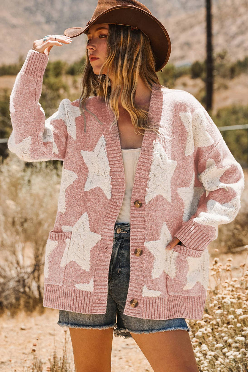Sherpa Star Textured Sweater Cardigan with Pockets: Pink