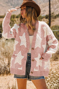 Sherpa Star Textured Sweater Cardigan with Pockets: Pink