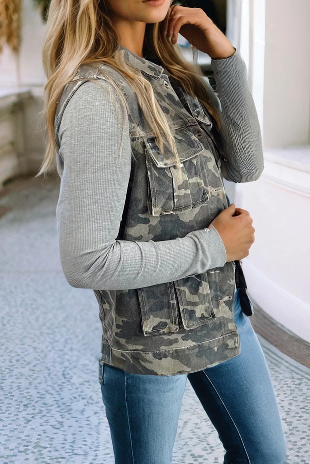LDC Camo Print Button Cargo Pocket Button Down Denim Vest
