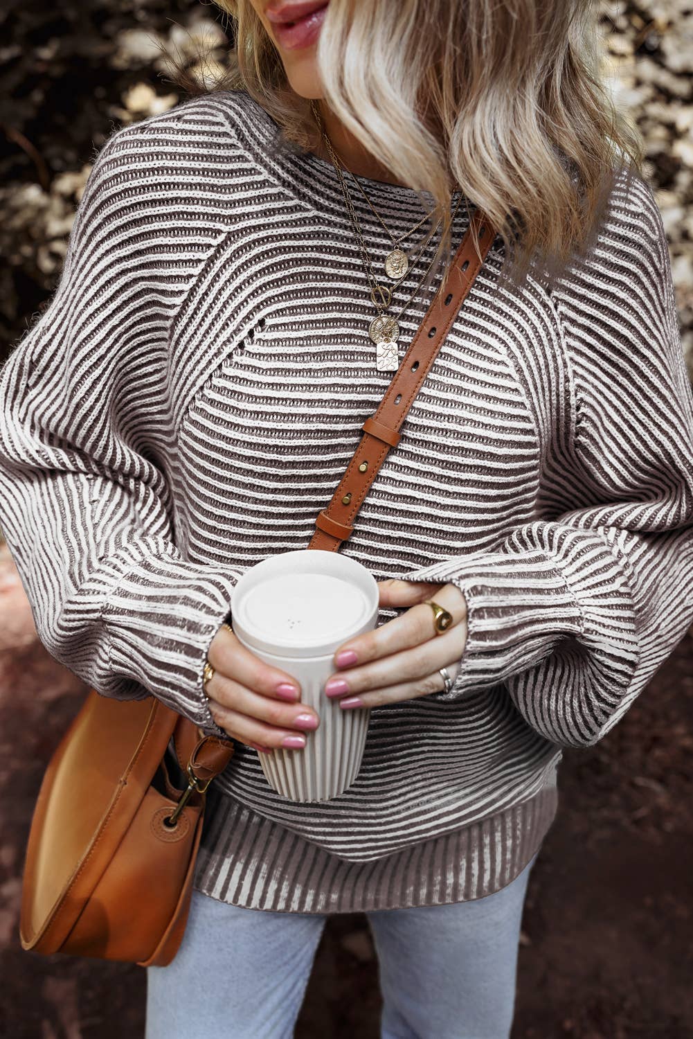 LDC Striped Print Ribbed Knit Boat Neck Baggy Sweater