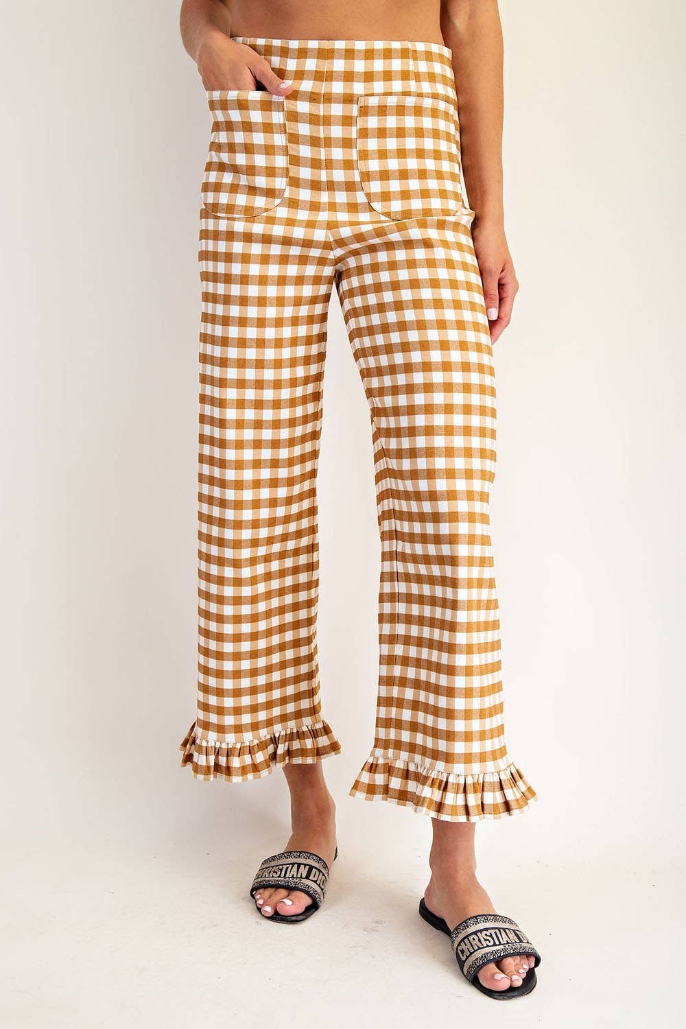 PL8880 - GINGHAM RUFFLE TRIM STRAIGHT LEG PANTS
