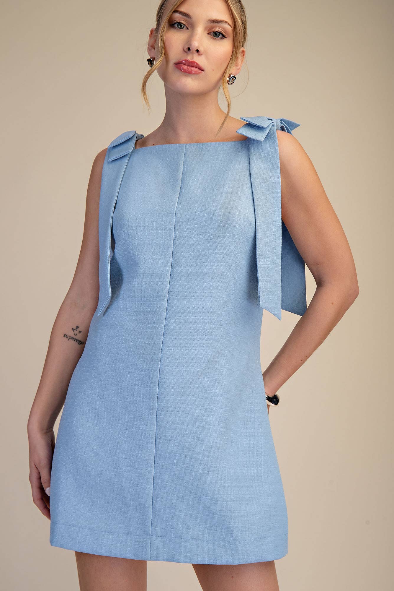 Straight Neckline Bow Mini Dress