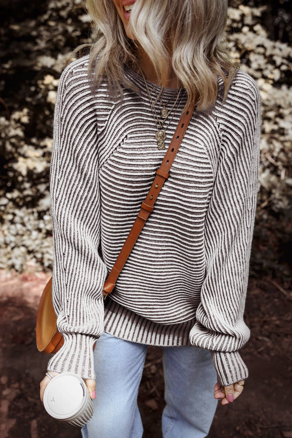 LDC Striped Print Ribbed Knit Boat Neck Baggy Sweater