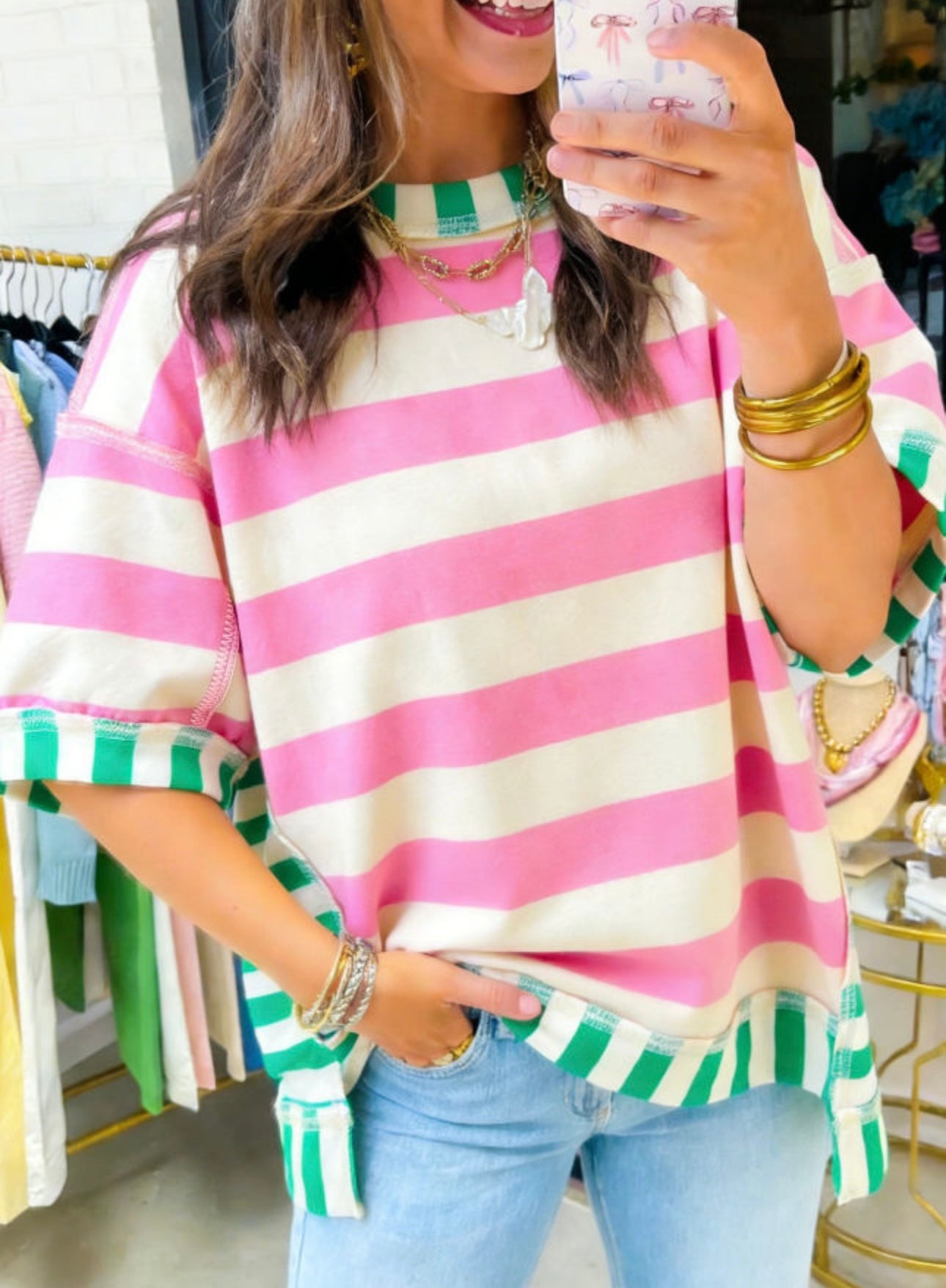 Pink stripe exposed seam oversized patchwork top