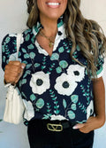 Blue floral striped patchwork v neck short sleeve blouse