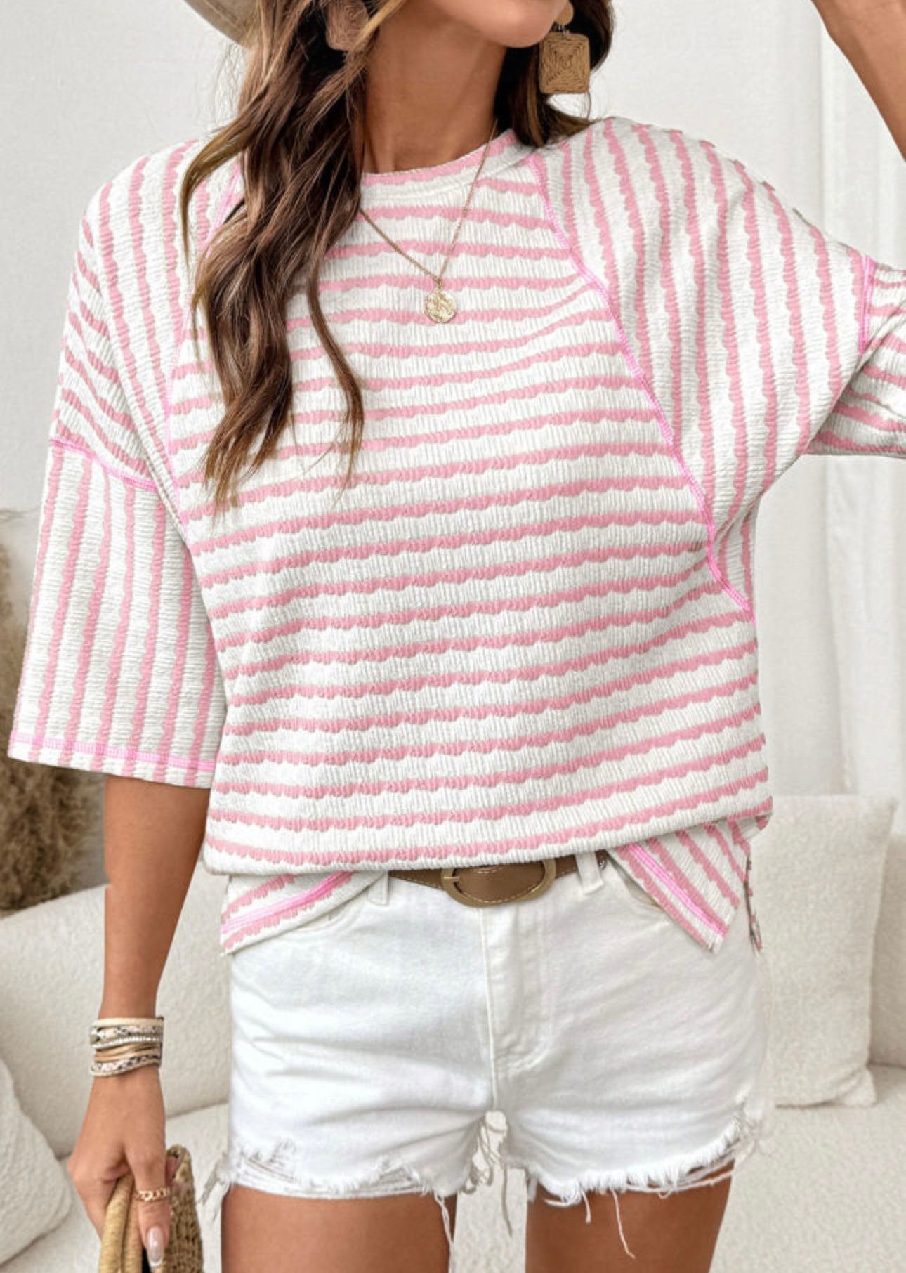 Pink stripe textured knit top