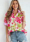 Pink flower print striped trim frilled collar short sleeve shirt