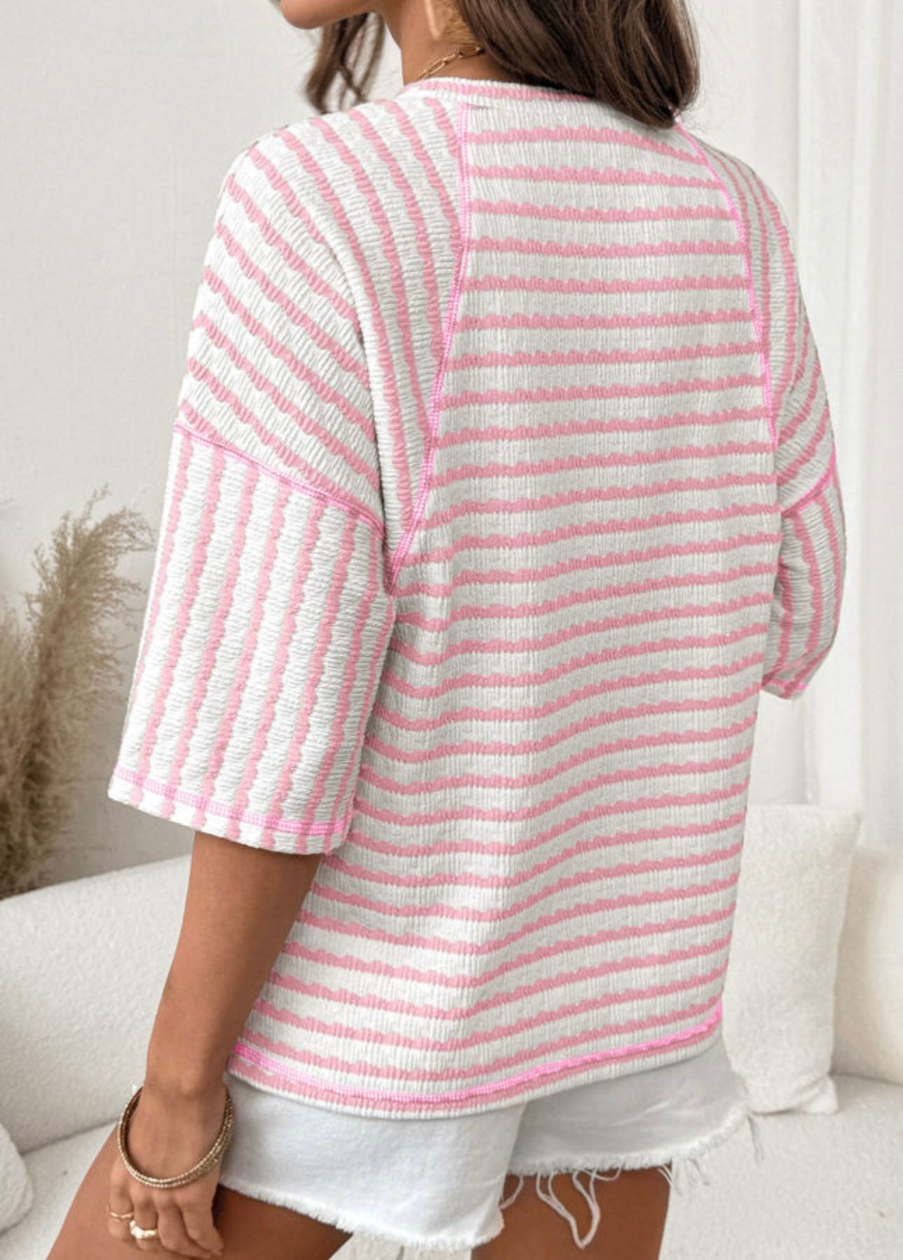 Pink stripe textured knit top