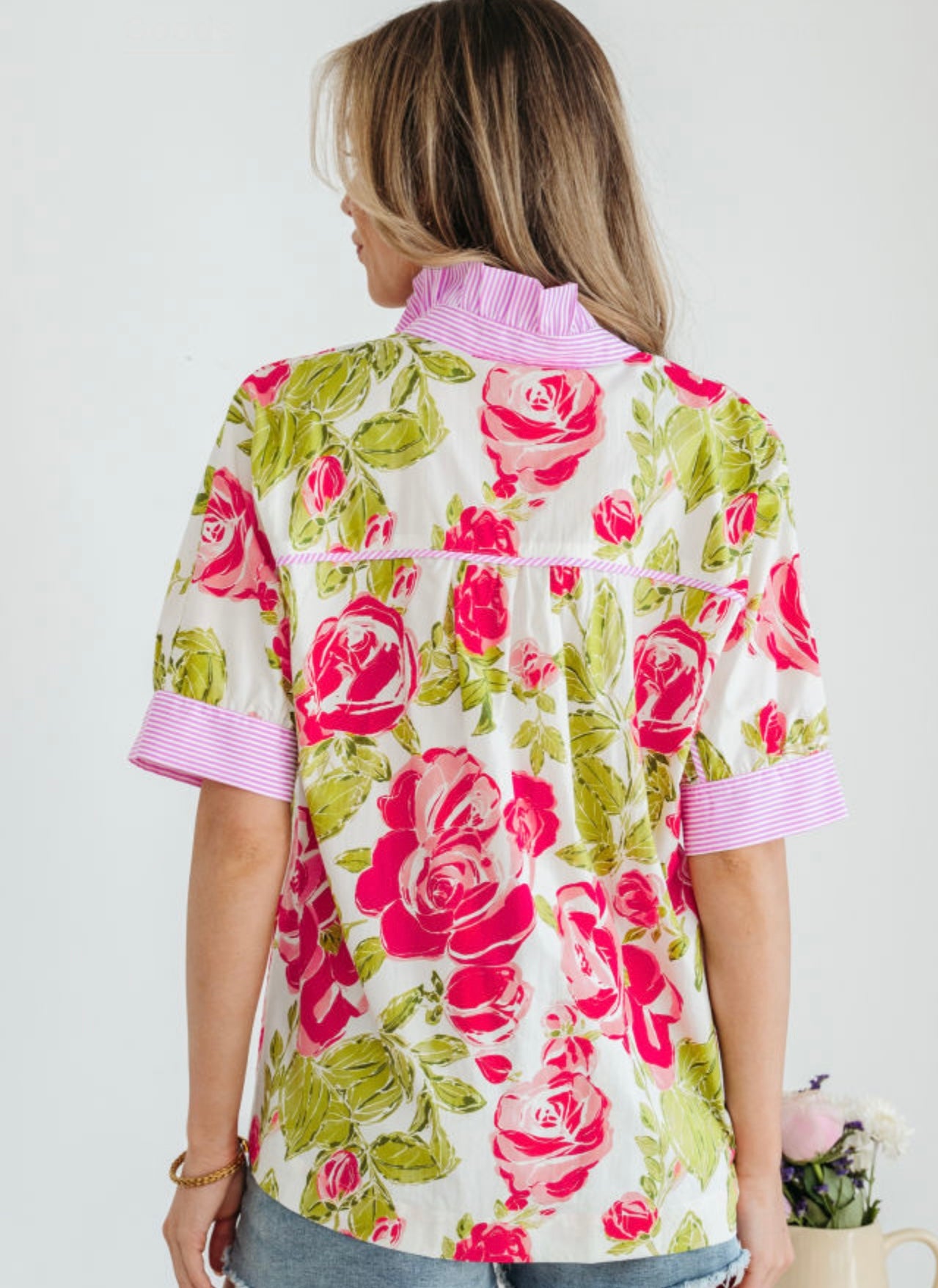 Pink flower print striped trim frilled collar short sleeve shirt