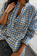Plaid Frilled Detail Half Button Blouse | S-XL