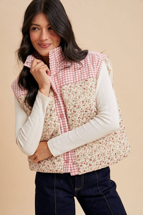 Check N Ditsy Mixed Print Quilted Vest: ROSE PINK COMBO