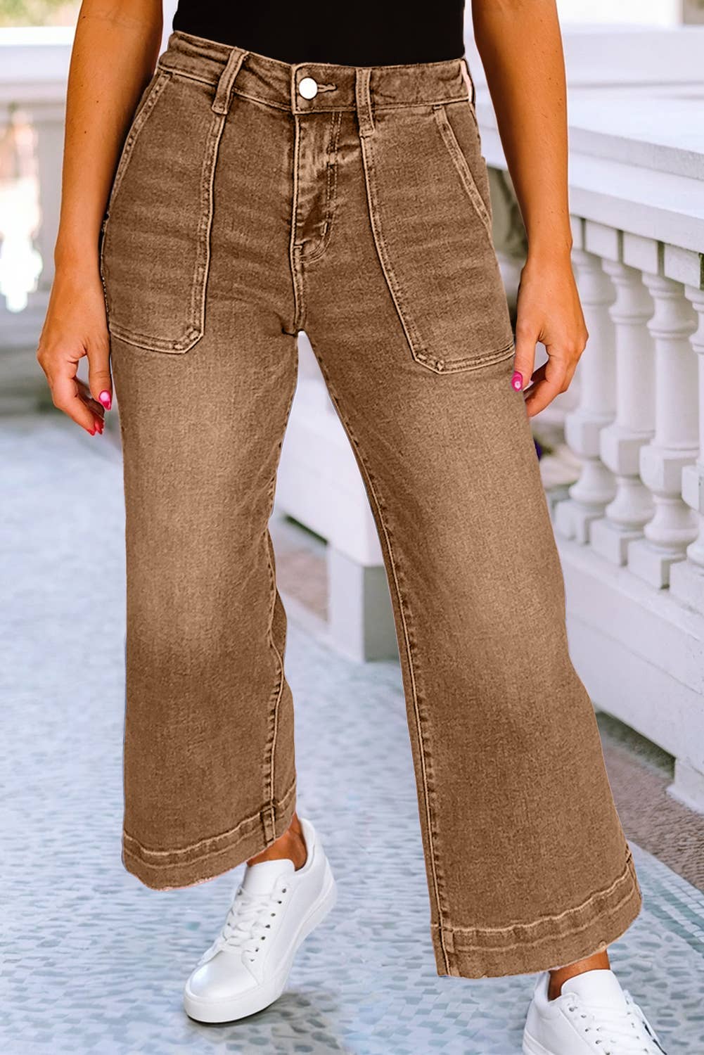 Cropped High Rise Wide Leg Jeans: Brown
