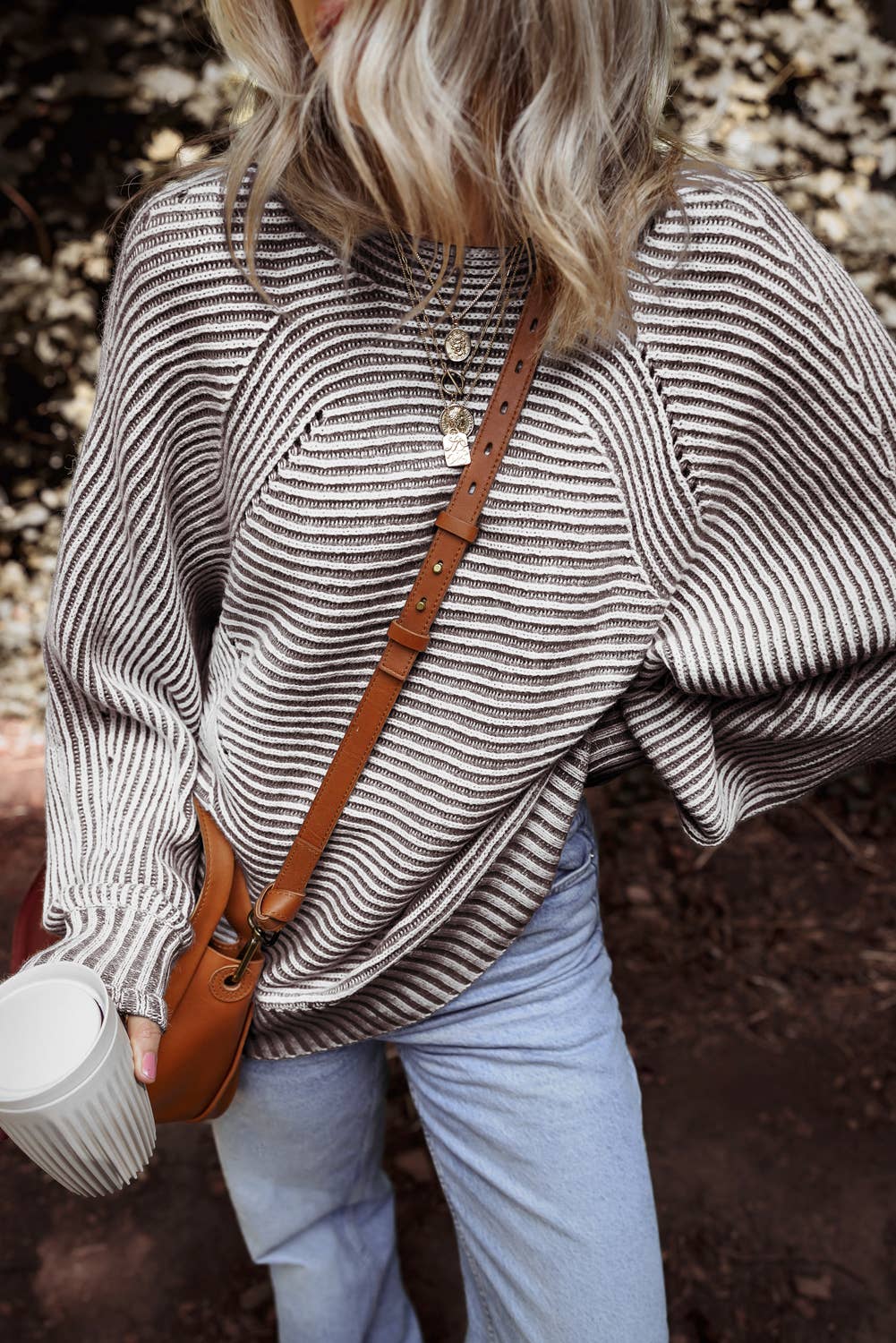 LDC Striped Print Ribbed Knit Boat Neck Baggy Sweater