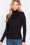 Long Sleeve Turtle Neck Rayon Span Rib Top  : BLK-black