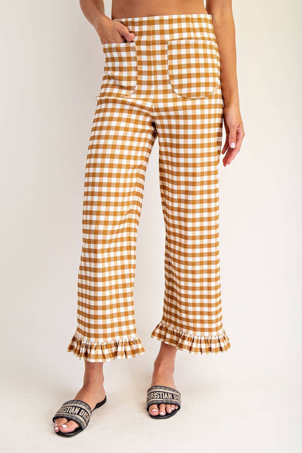 PL8880 - GINGHAM RUFFLE TRIM STRAIGHT LEG PANTS