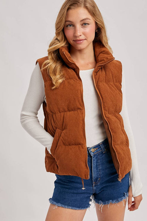CORDUROY PUFFER VEST ZIPPER FRONT: CAMEL