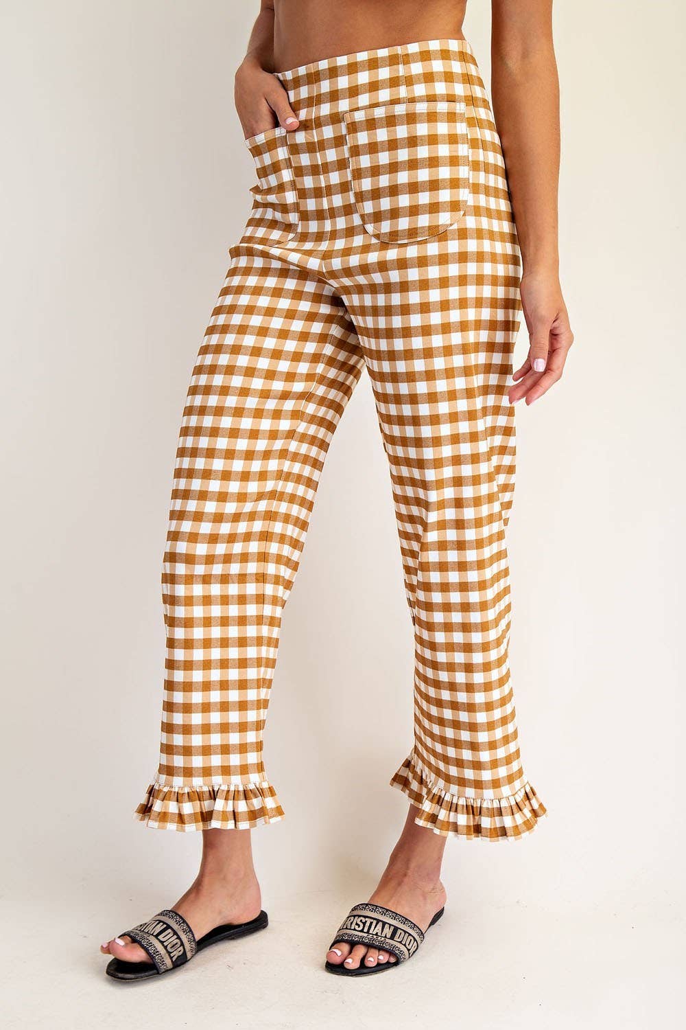 PL8880 - GINGHAM RUFFLE TRIM STRAIGHT LEG PANTS