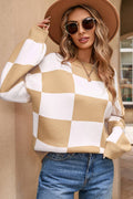 Checkered Bishop Sleeve Sweater: Khaki