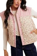 Check N Ditsy Mixed Print Quilted Vest: ROSE PINK COMBO