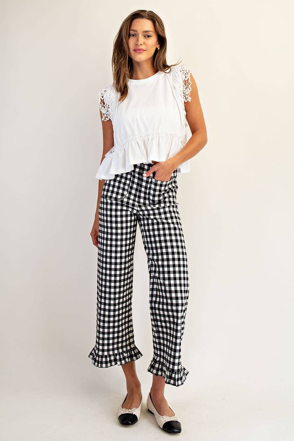PL8880 - GINGHAM RUFFLE TRIM STRAIGHT LEG PANTS