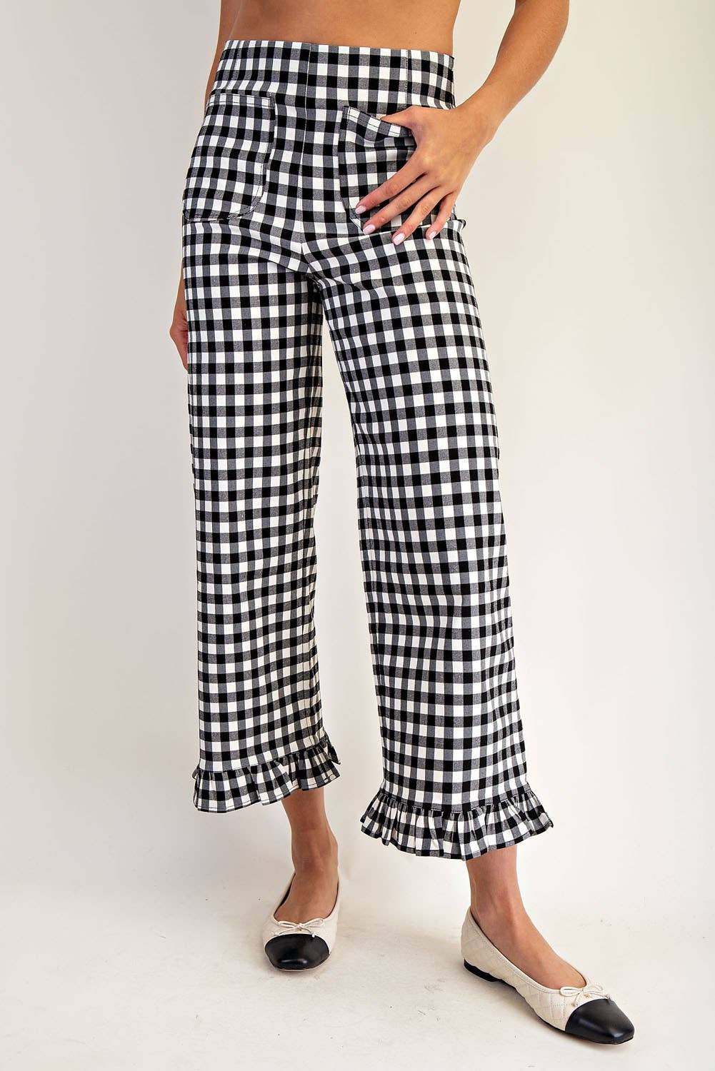 PL8880 - GINGHAM RUFFLE TRIM STRAIGHT LEG PANTS