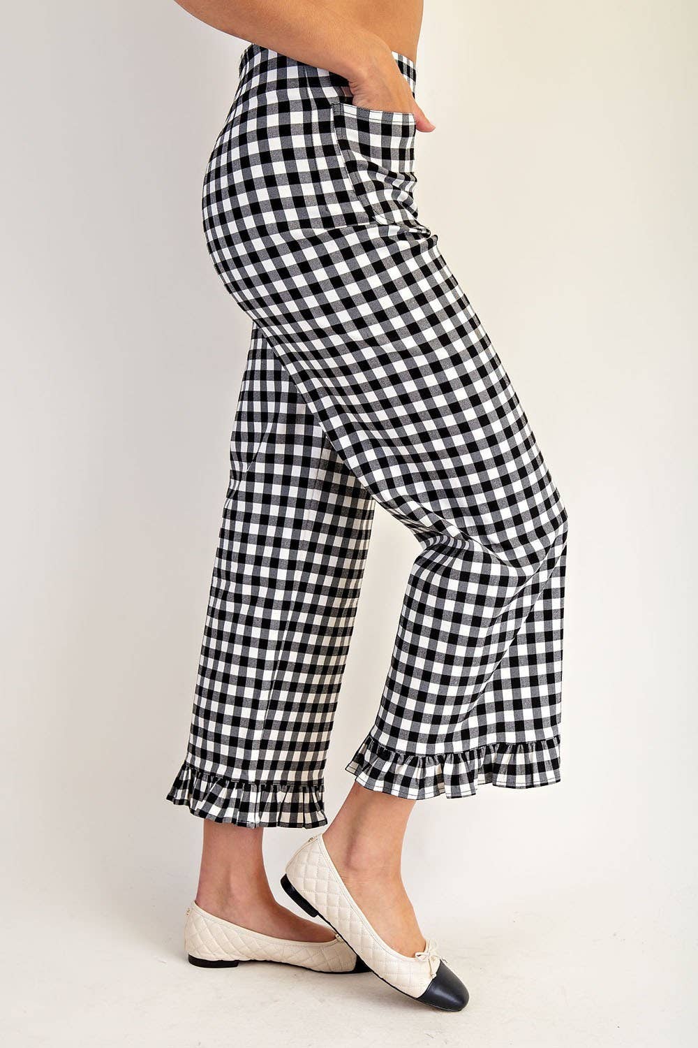 PL8880 - GINGHAM RUFFLE TRIM STRAIGHT LEG PANTS
