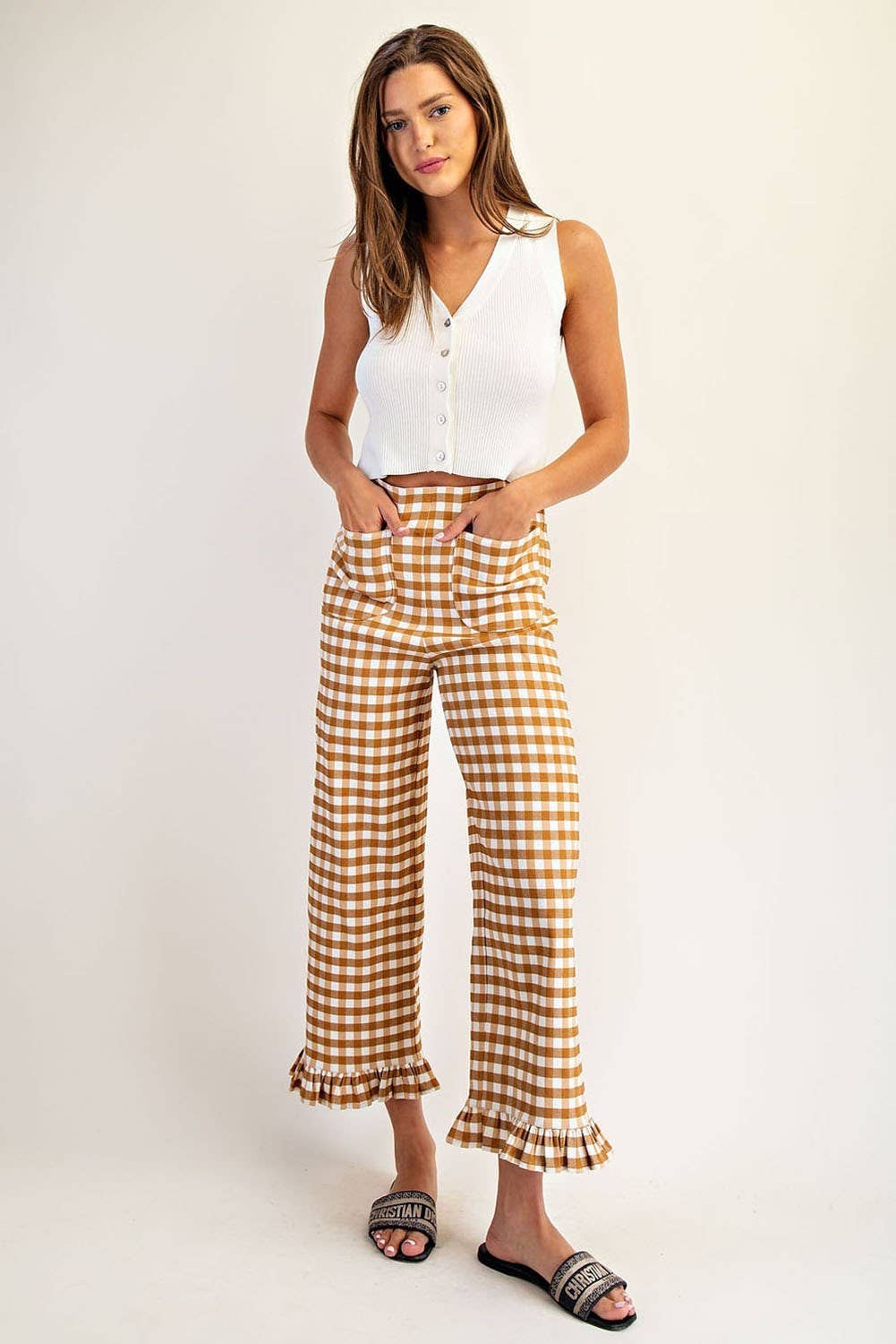 PL8880 - GINGHAM RUFFLE TRIM STRAIGHT LEG PANTS