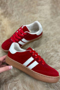 Vintage Striped Patchwork Lace-up Flat Shoes: Fiery Red
