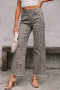 Western Leopard Frayed Edge Wide Leg High Waist Jeans*4-16