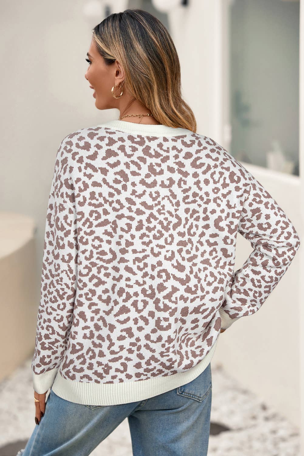 Leopard Drop Shoulder Chunky Knitted Cardigan Sweater: Khaki