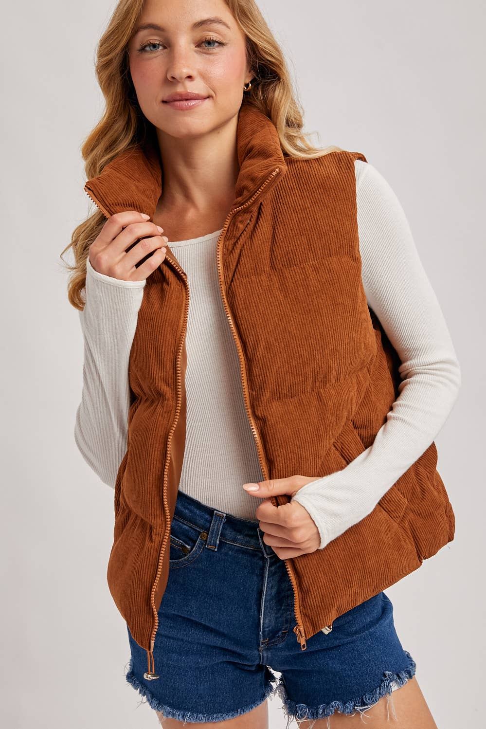 CORDUROY PUFFER VEST ZIPPER FRONT: CAMEL