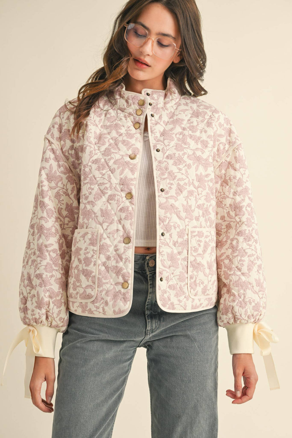 FLORAL QUILTED JACKET WITH RIBBON DETAIL Ivory Pink Floral