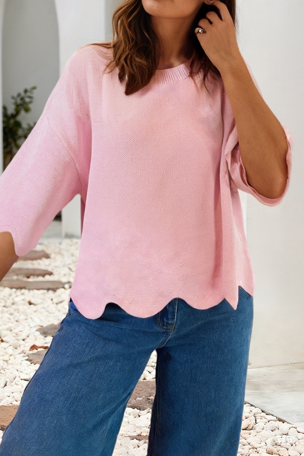LDC Solid Daily Shift Half Sleeve Round Neck Hem Top